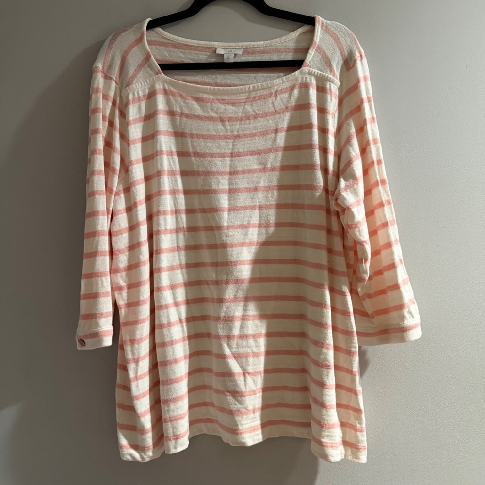 J.Jill Striped Top Womens XL Pink White Cotton Square Neck 3/4 Sleeve Excellent